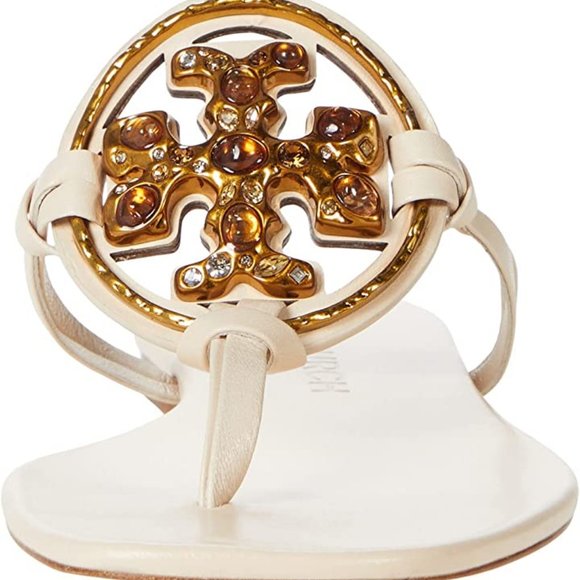 Tory Burch NIB Miller Jeweled Leather Thong Sandals Brie Cream Beige - Picture 10 of 15